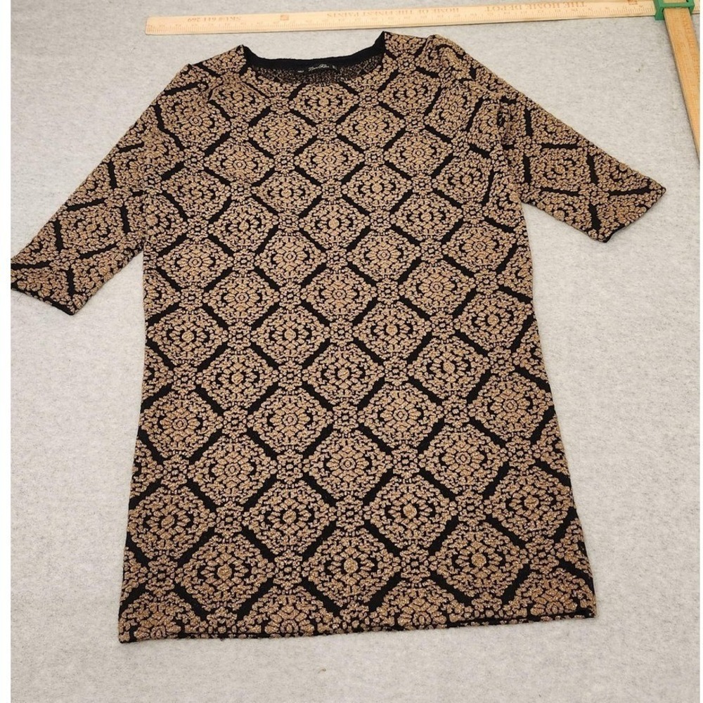 Zara Knit Sweater Womens Large Black Gold Metallic Jacquard Tunic‎ 3/4 Sleeve